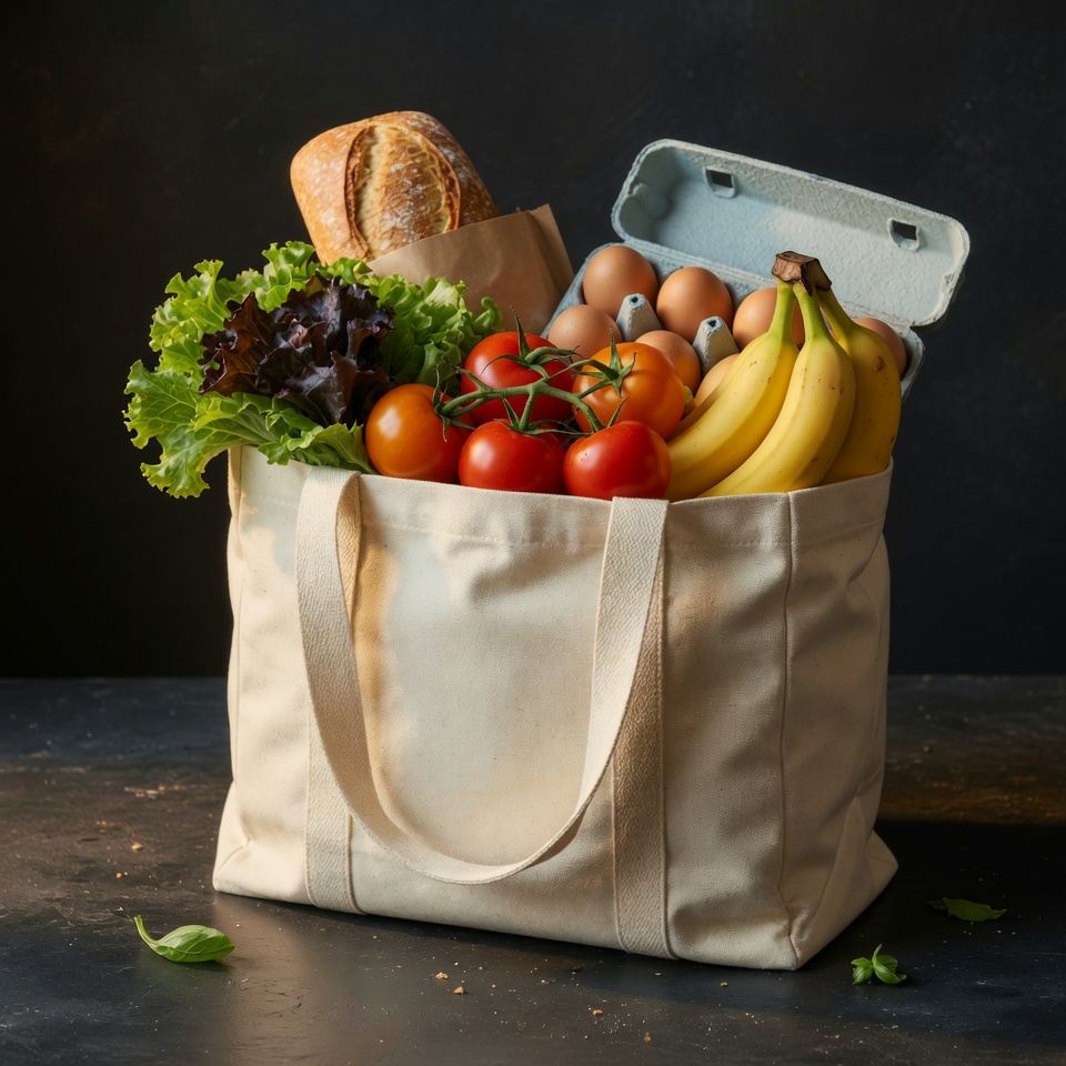 Reusable grocery bag packed with whole foods