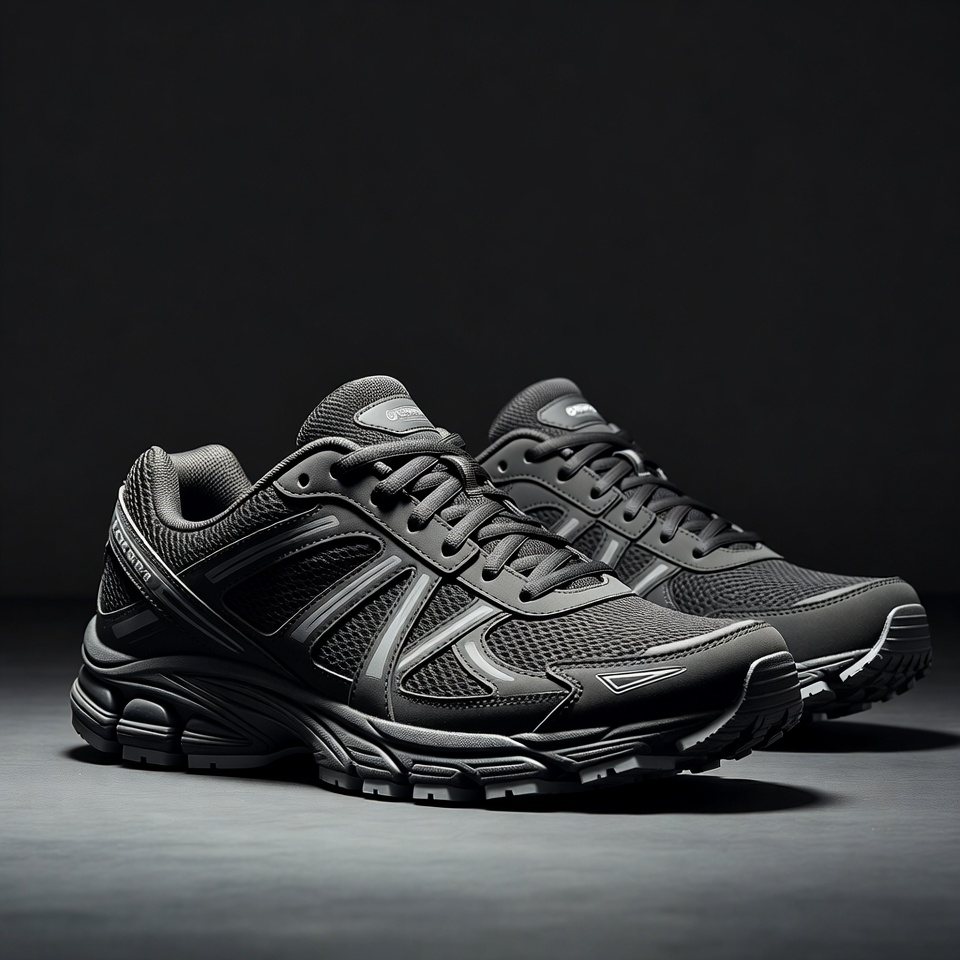 Close-up of quality running shoes on dark surface
