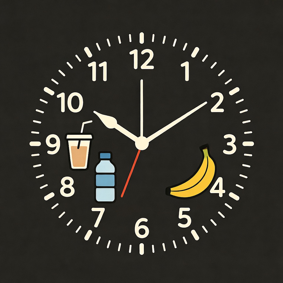 Clock face with food icons at pre during post workout positions