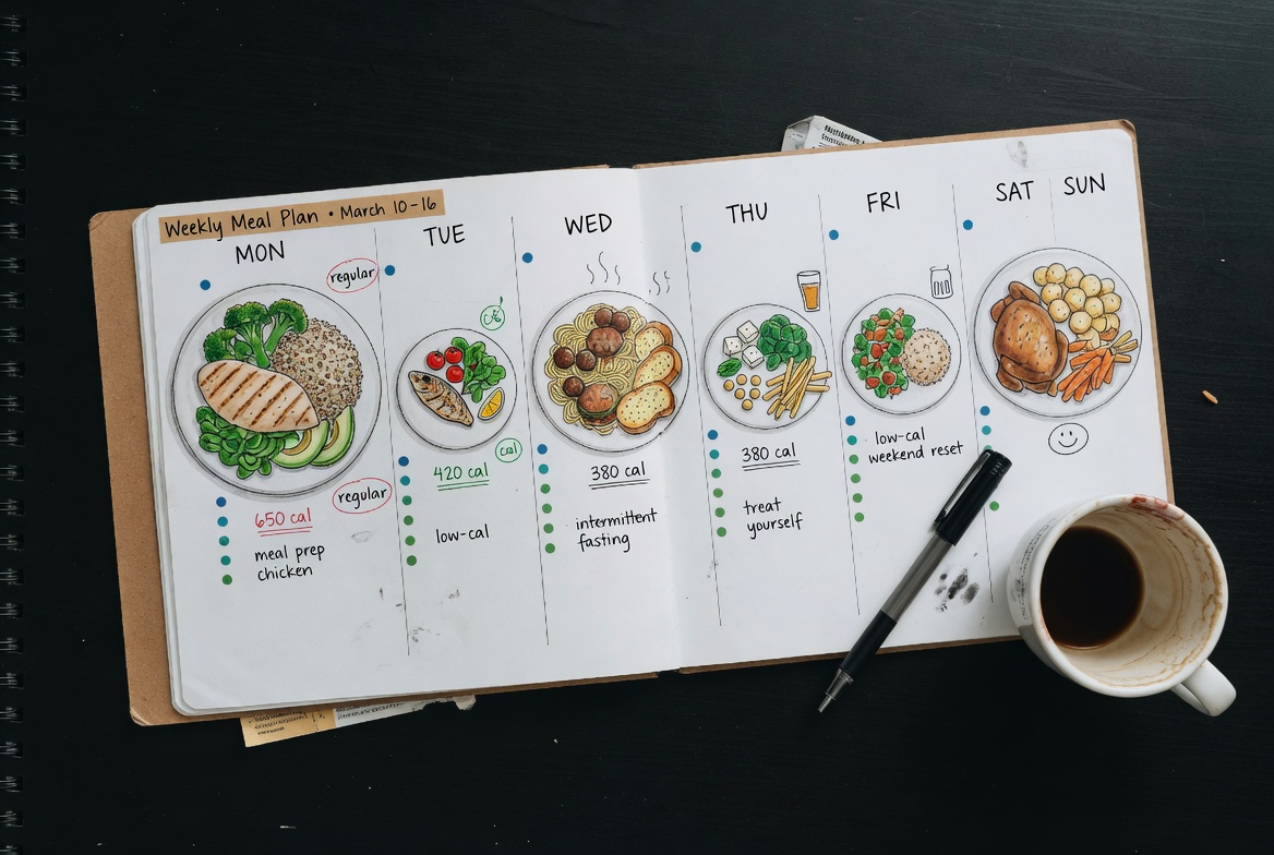 Weekly planner with varying meal portion sizes drawn in