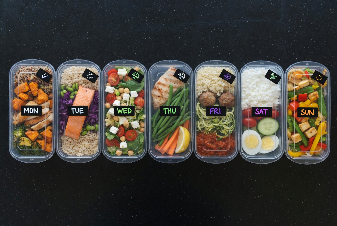 Seven meal prep containers with varying portion sizes