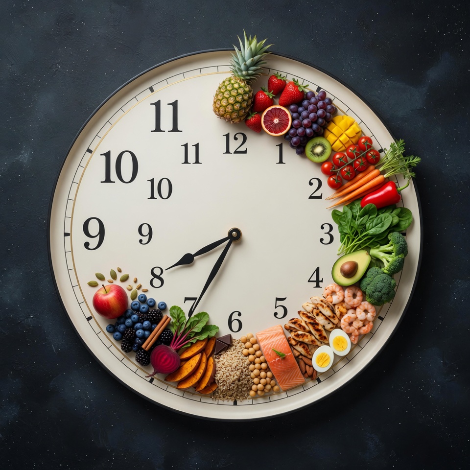 Clock face with food arranged in an eating window arc