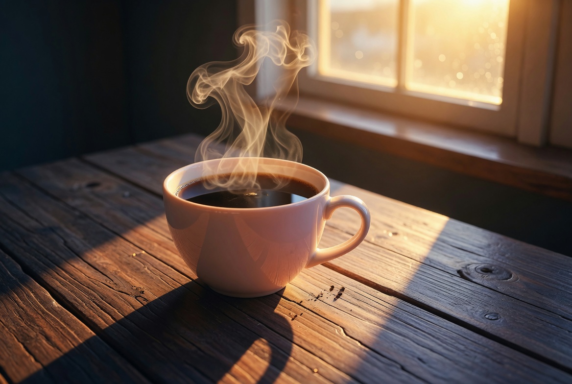 Morning coffee cup with sunrise light - start of eating window