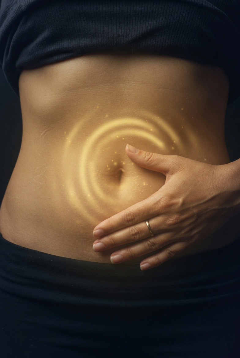 Person listening to body hunger cues with subtle glow