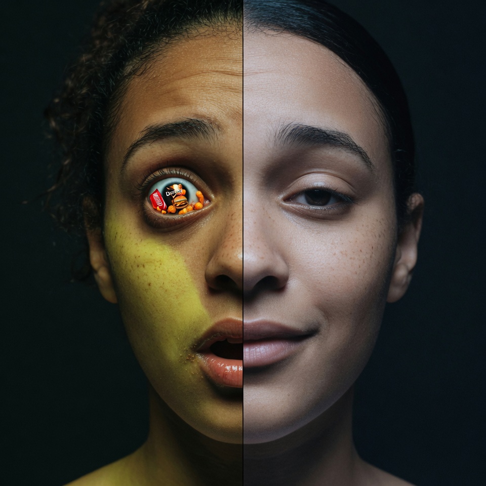 Split face showing emotional hunger versus real hunger