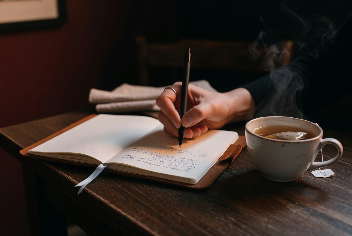 Person journaling with cup of tea - mindful eating