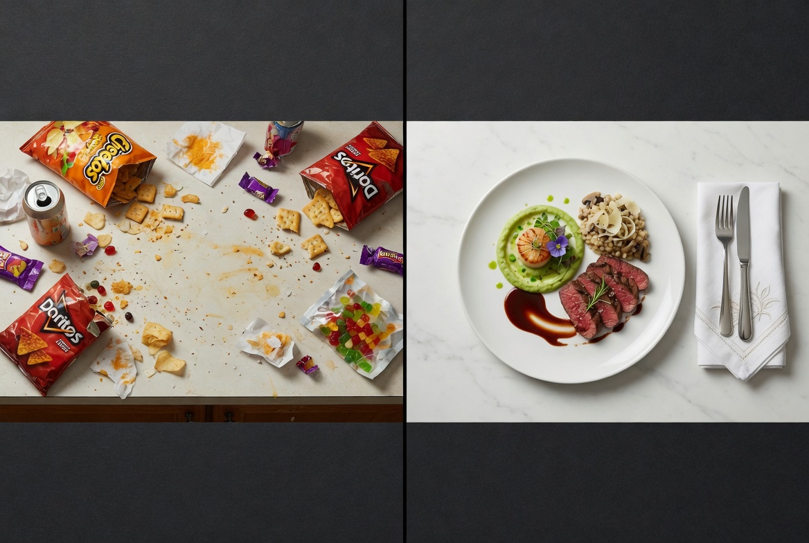 Split scene - messy snacking versus one clean beautiful meal