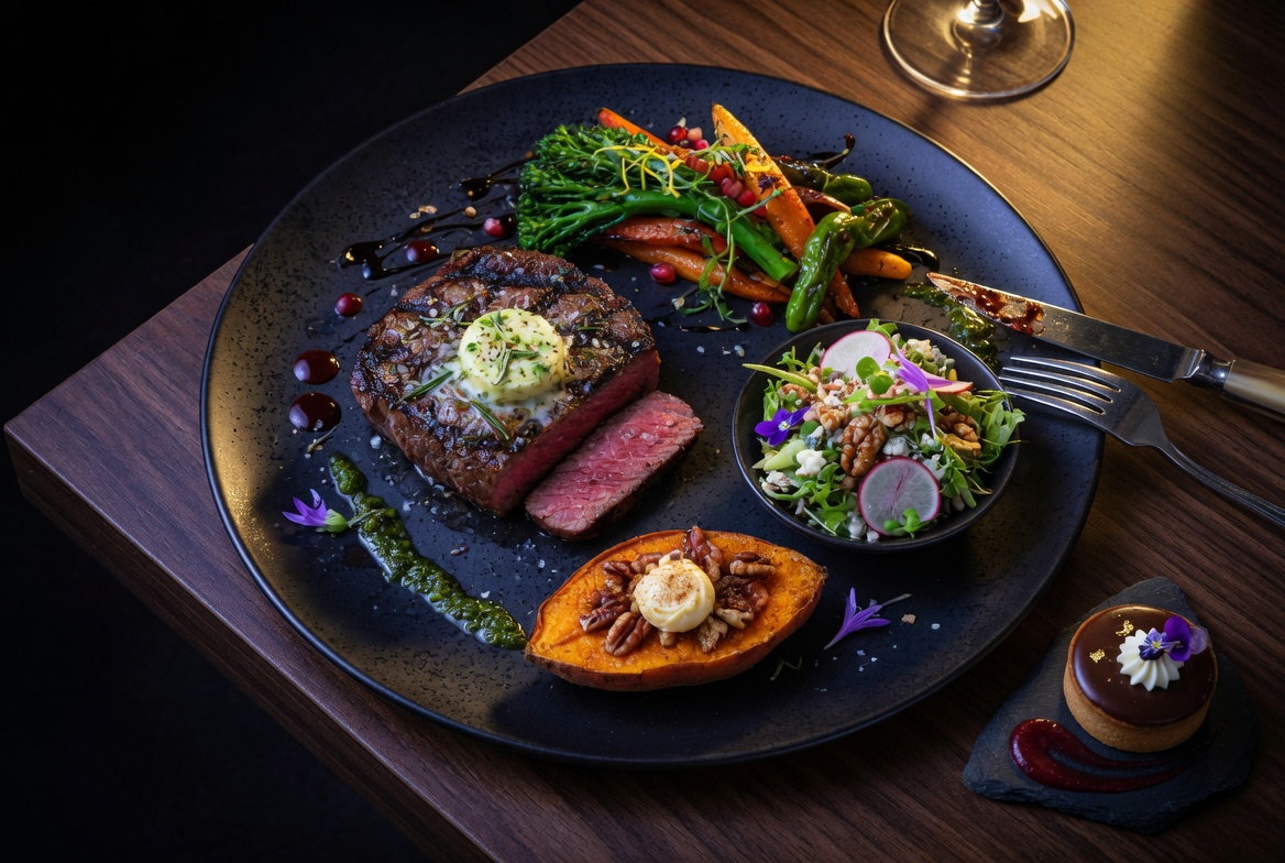 One massive beautifully plated restaurant-quality meal on dark table