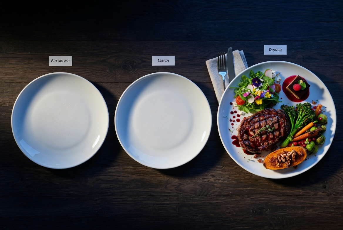 Three plates - two empty, one gorgeous full meal - OMAD timeline