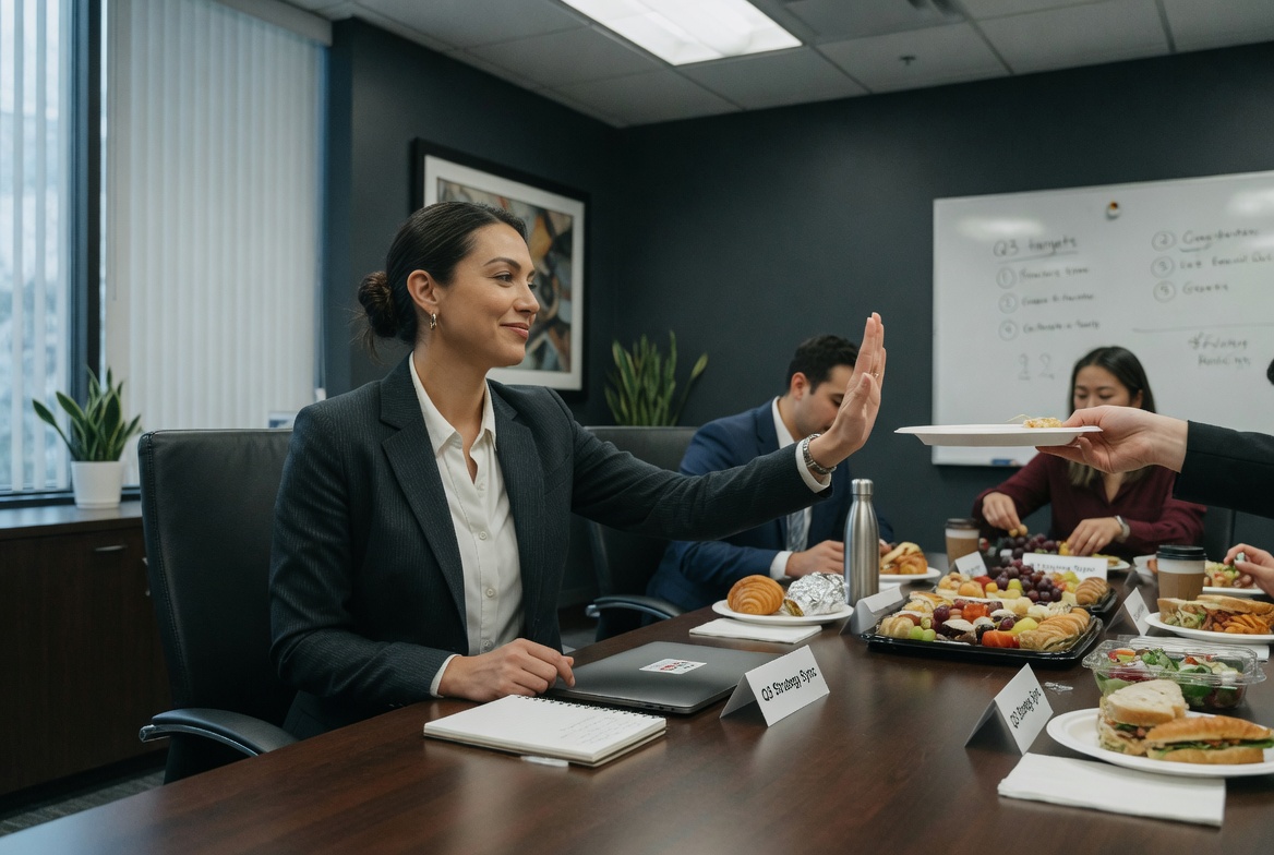 Person confidently declining food at office meeting