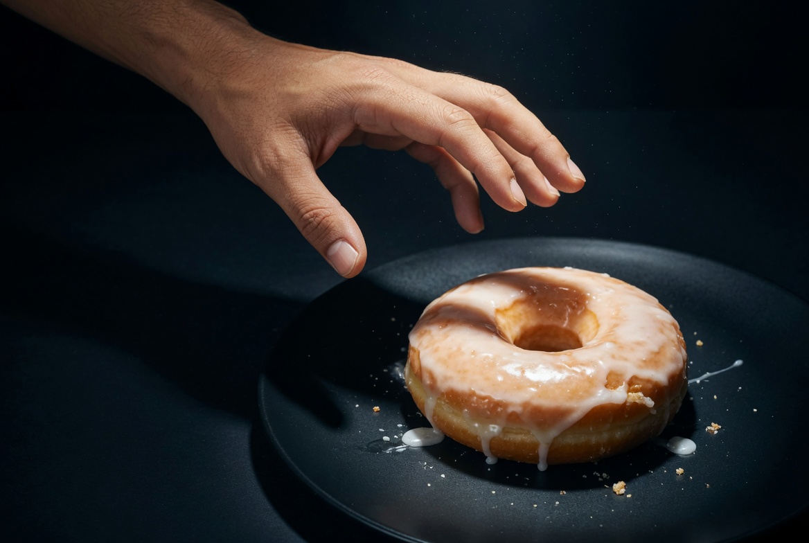 Hand reaching toward donut frozen mid-air with dramatic lighting