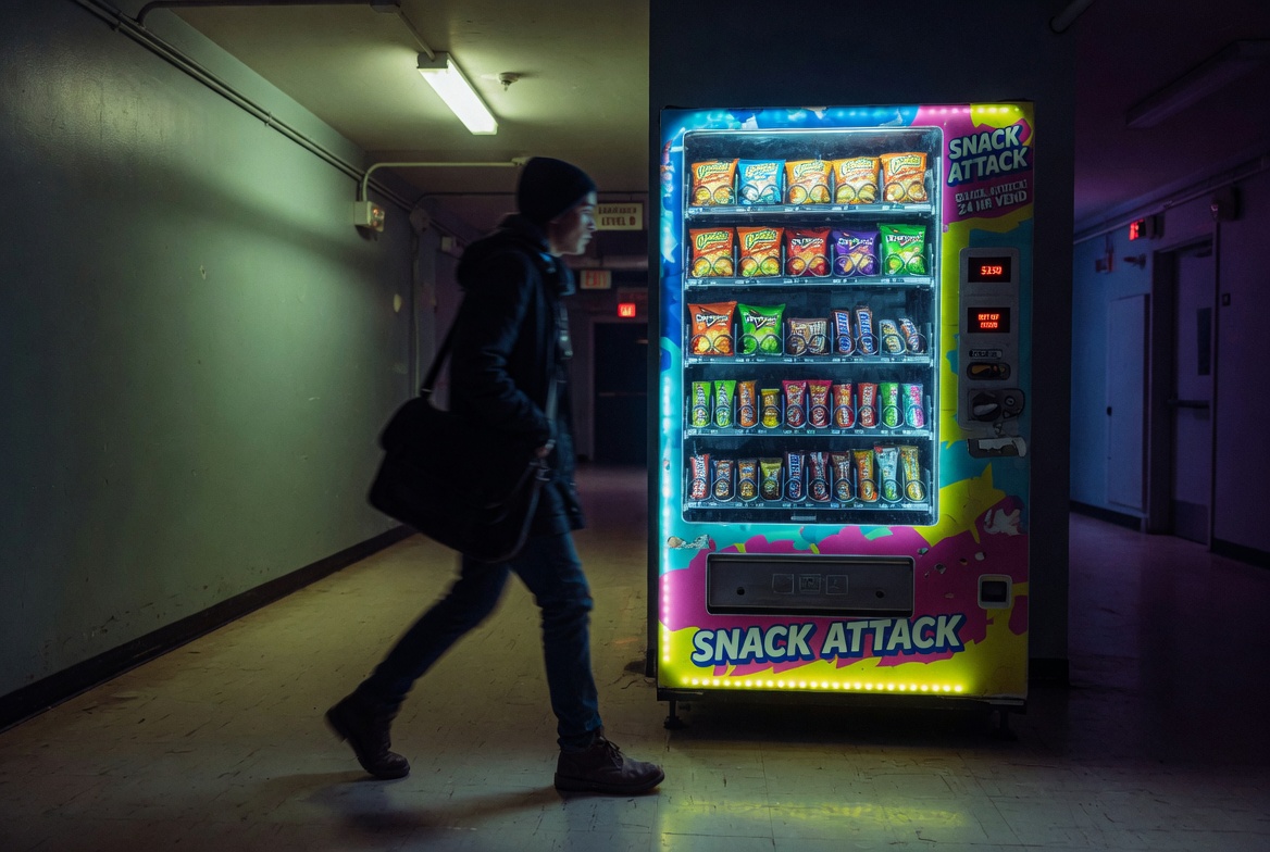 Person walking past vending machine with determination