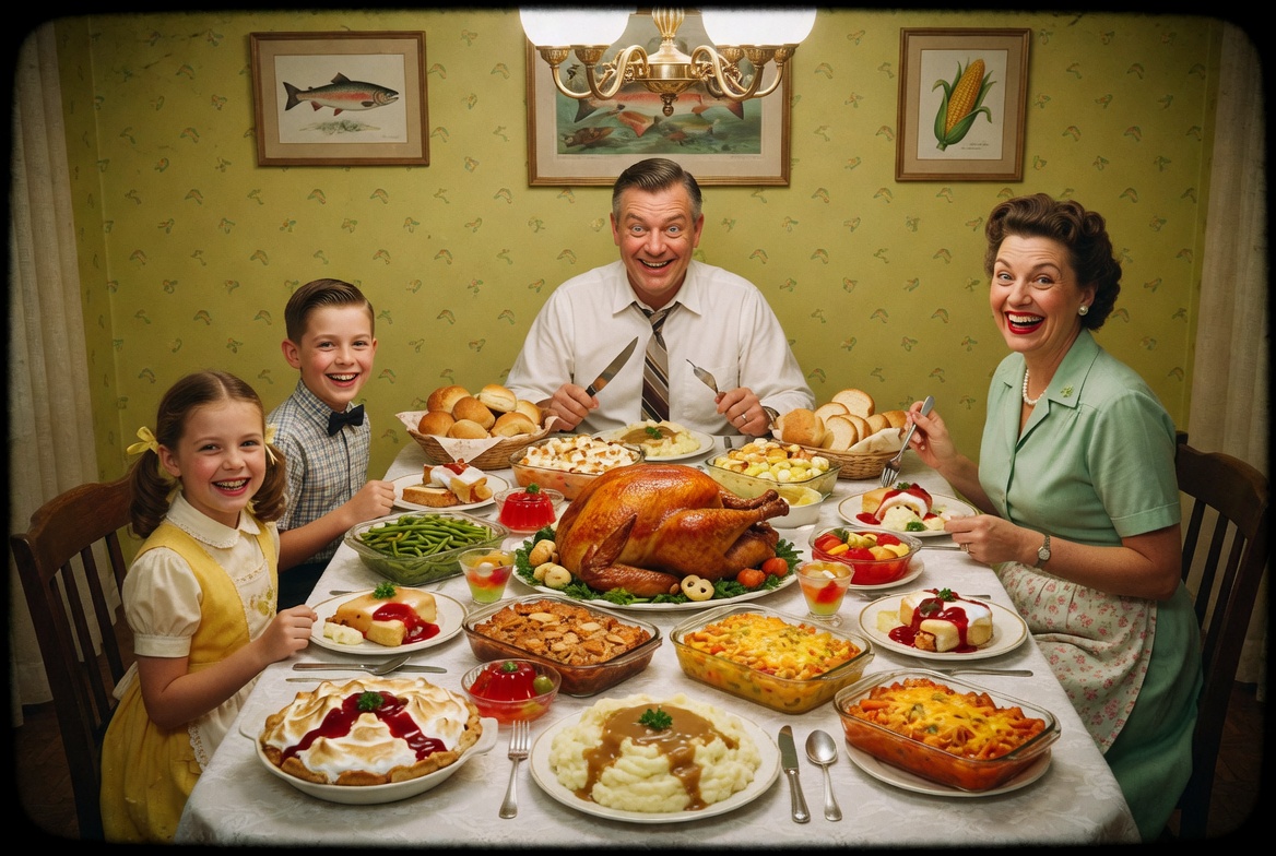 Satirical 1950s family dinner with overstuffed table