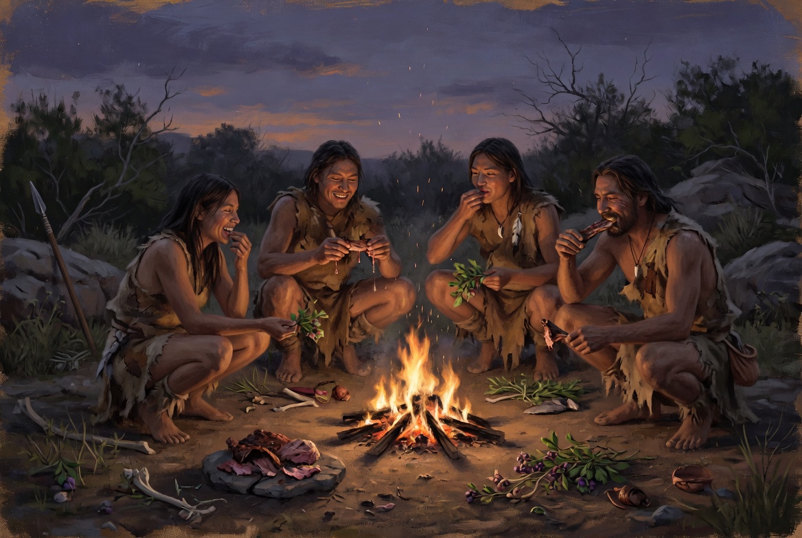 Ancient hunter-gatherers sharing a modest meal around fire