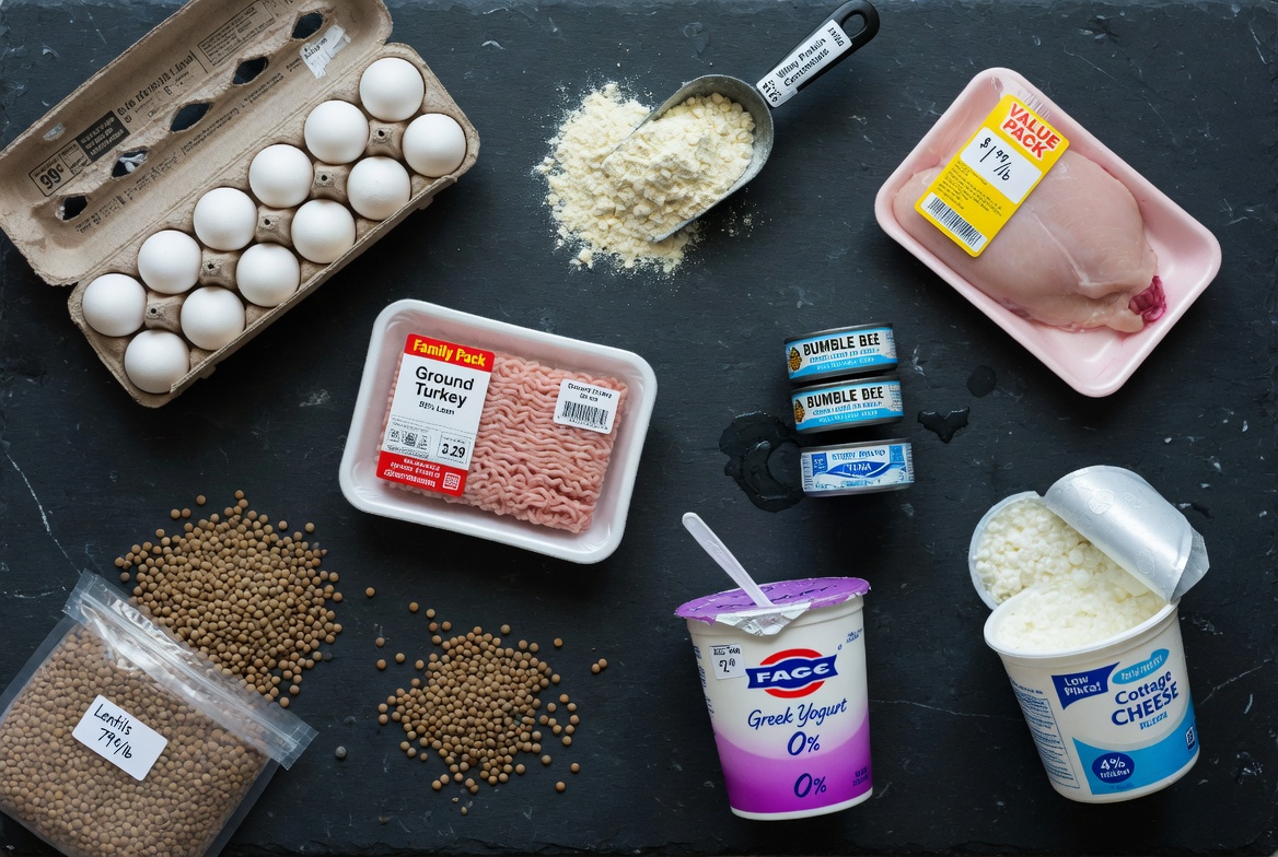Flat lay of eight cheapest protein sources
