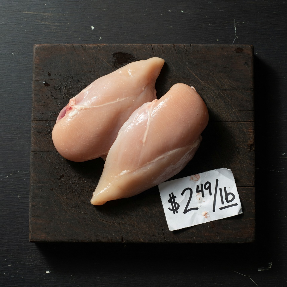 Raw chicken breasts with low price tag on cutting board