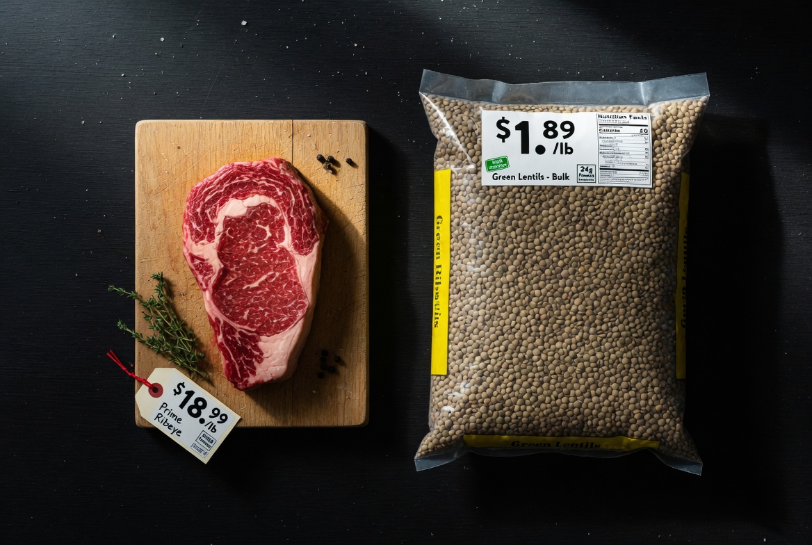 Expensive steak versus cheap lentils - same protein different cost