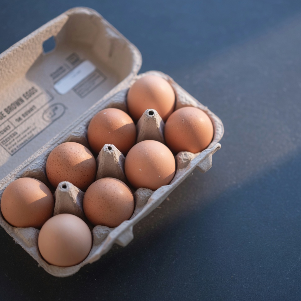 Carton of fresh brown eggs on dark surface