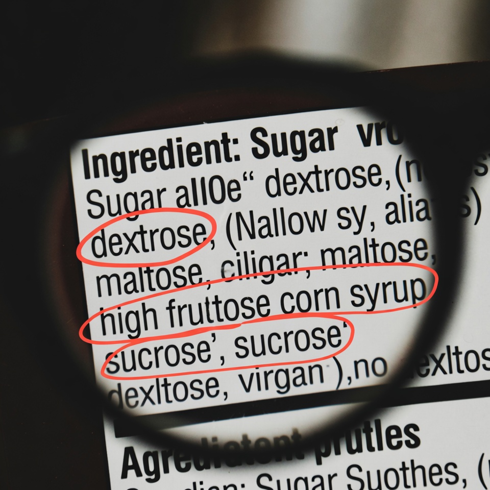 Ingredient label with sugar aliases highlighted