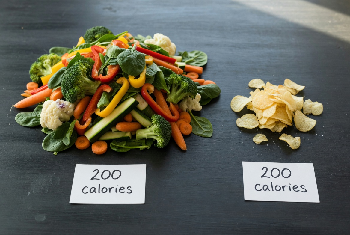 Mountain of vegetables versus tiny pile of chips - same calories