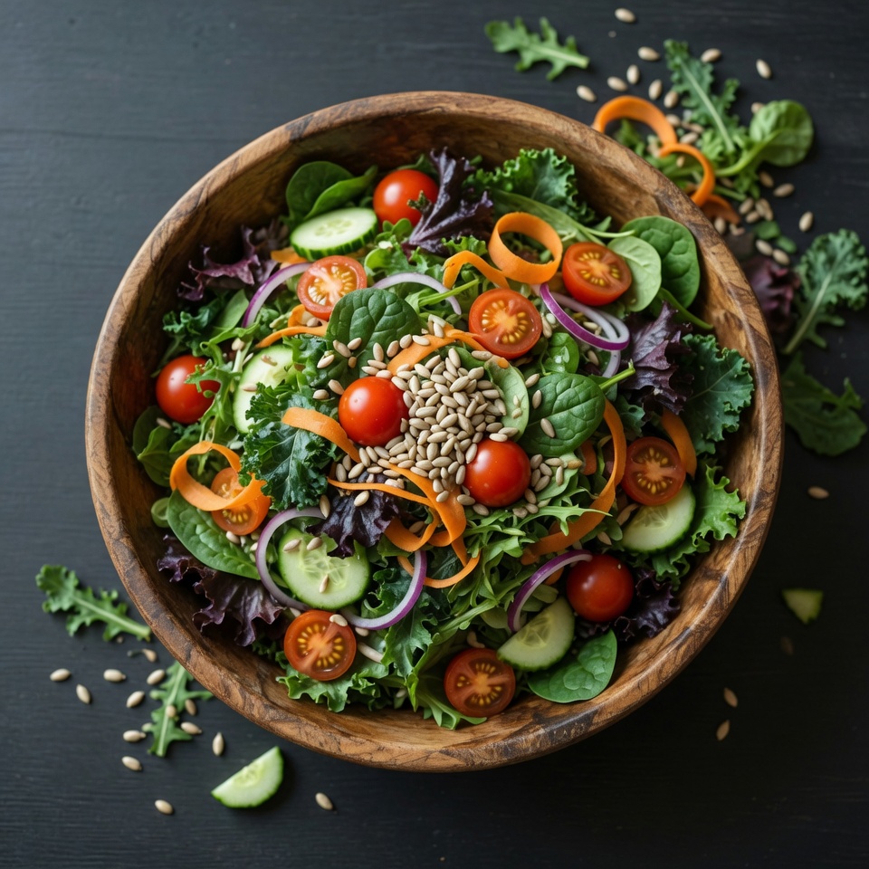 Overflowing colorful salad bowl