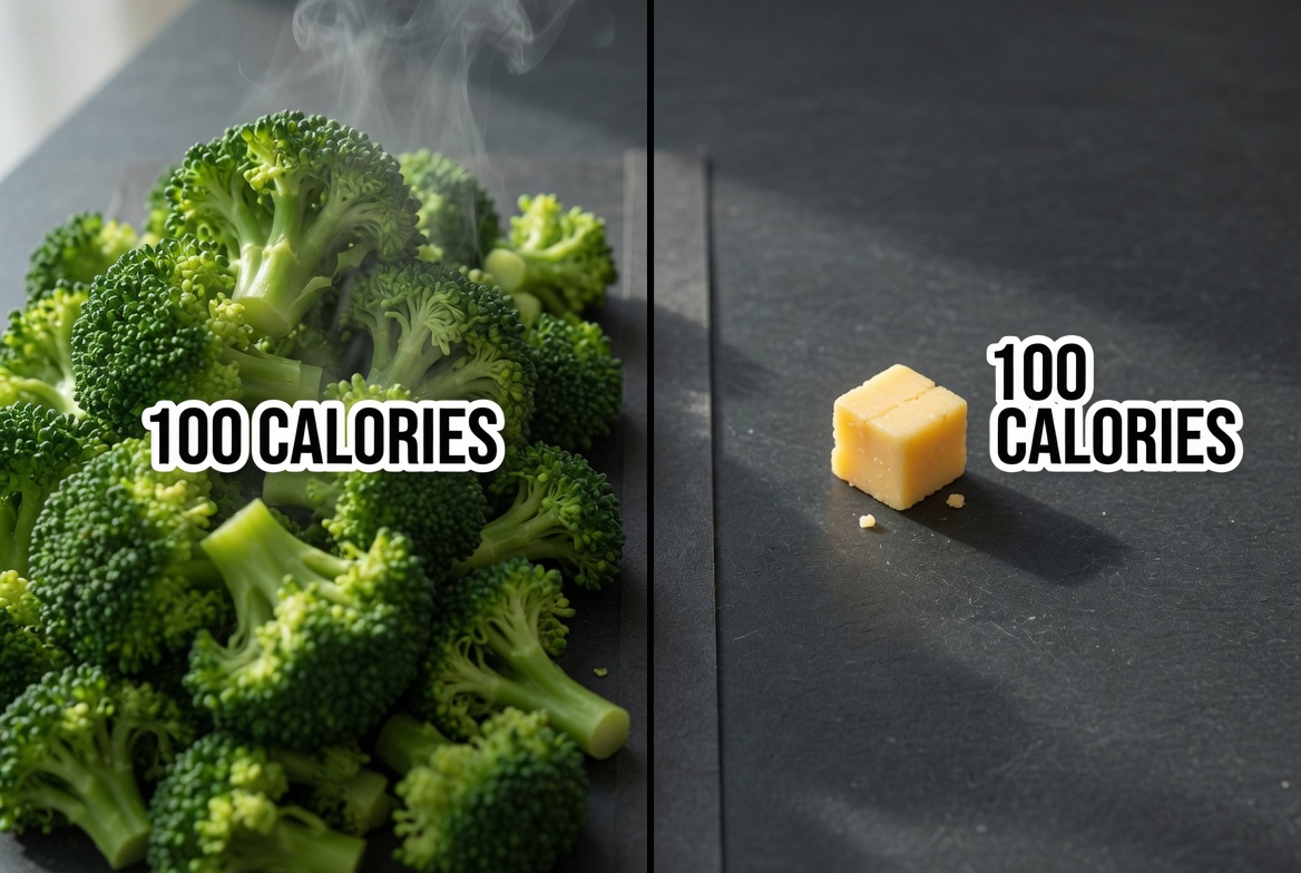 100 calories of broccoli pile versus tiny cheese cube