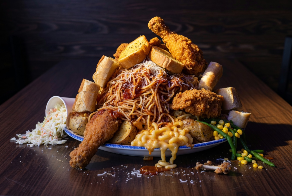 Overflowing plate of food with absurdly large portions on dark surface
