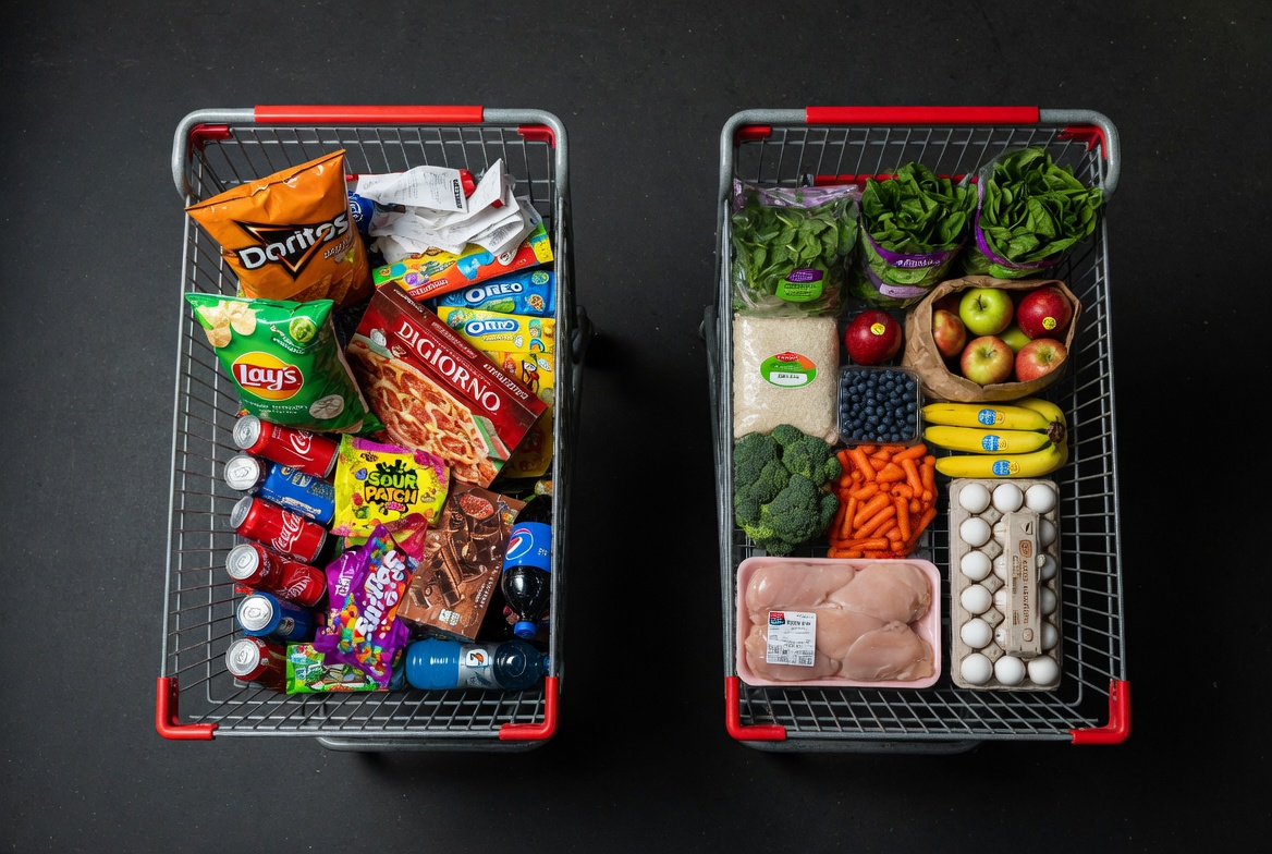 Grocery cart comparison - junk food versus whole foods
