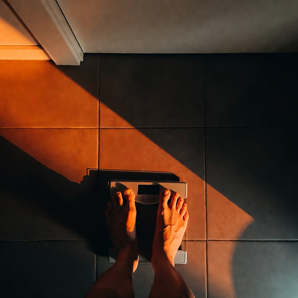 Person stepping on a bathroom scale, morning light