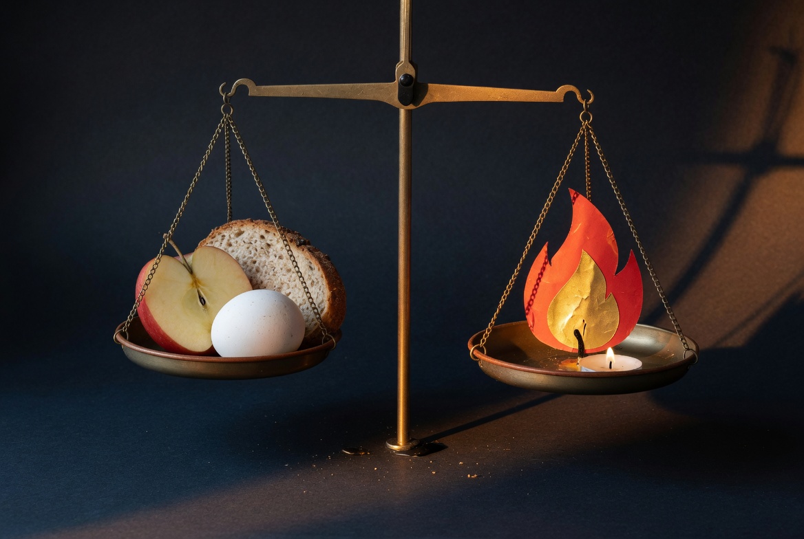 Balance scale with food on one side and energy flame on the other