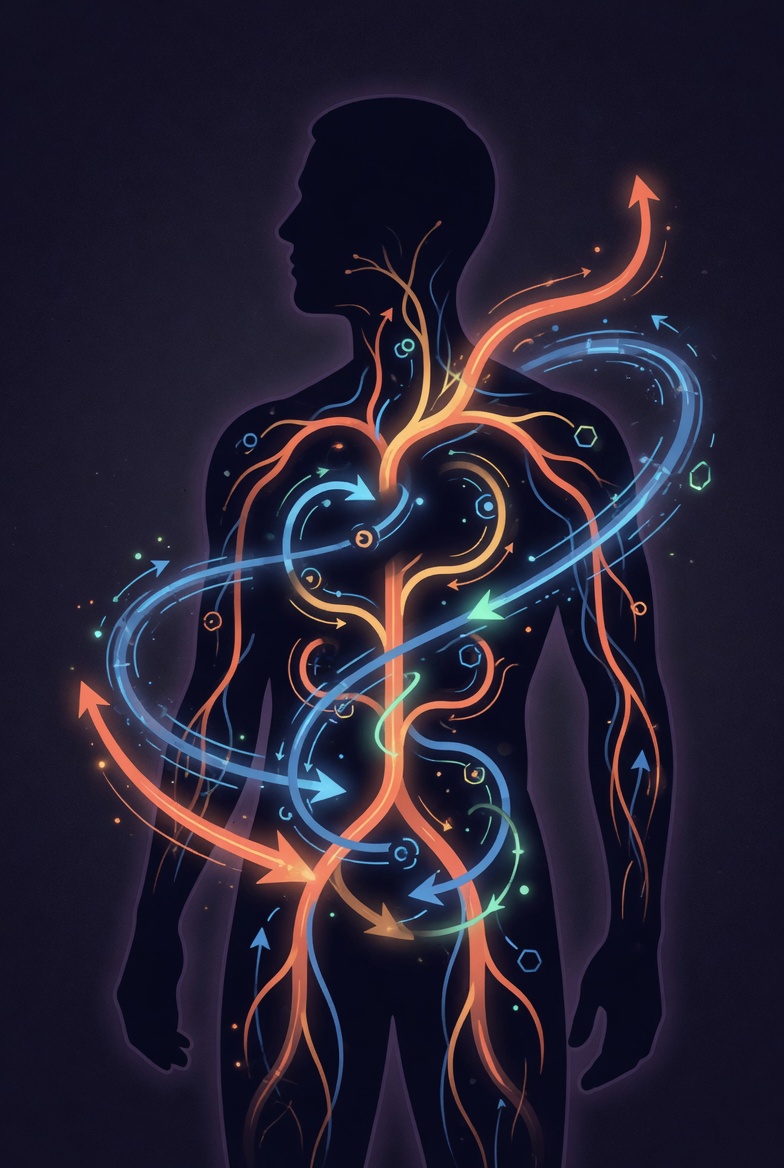 Stylized human body showing metabolic energy flow