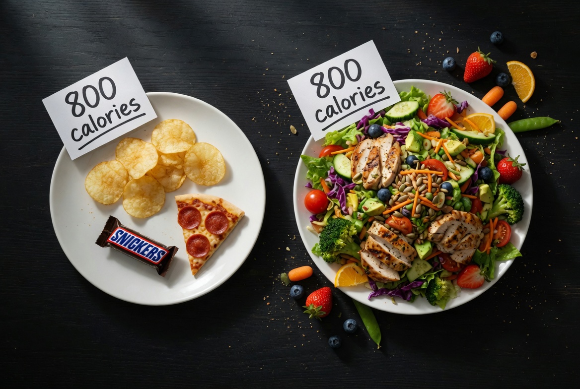 Two plates comparing 800 calories of processed food versus whole food