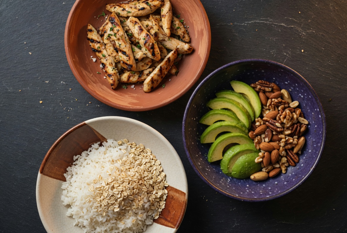 Three bowls of protein, fats, and carbs arranged artistically
