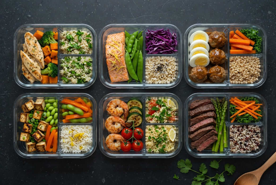 Overhead shot of macro-labeled meal prep containers