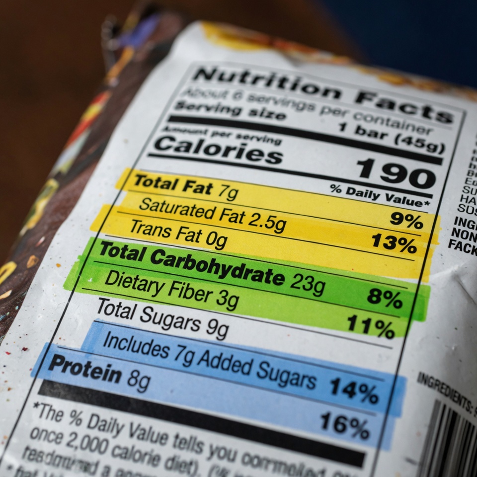 Nutrition label with protein fat carbs highlighted