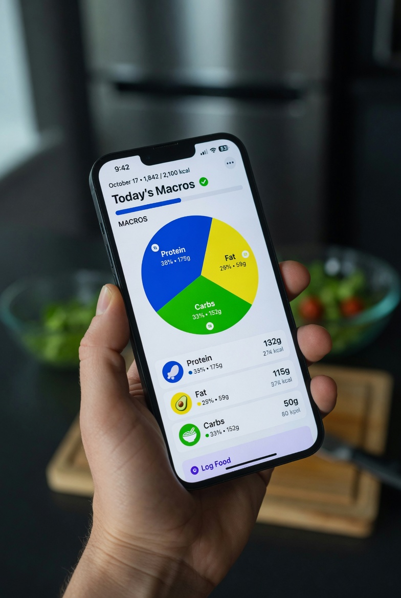 Phone showing food tracking app with macro pie chart