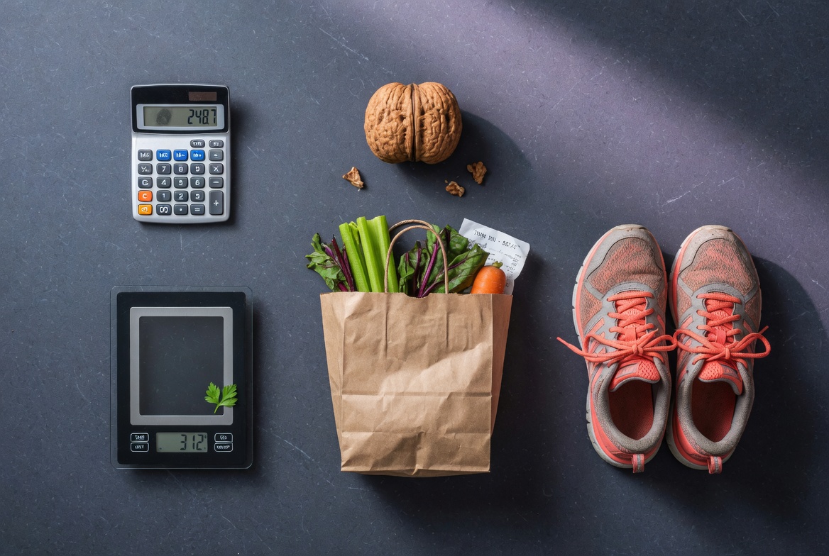 Flat lay of health topic icons - calculator, brain, grocery bag, running shoes