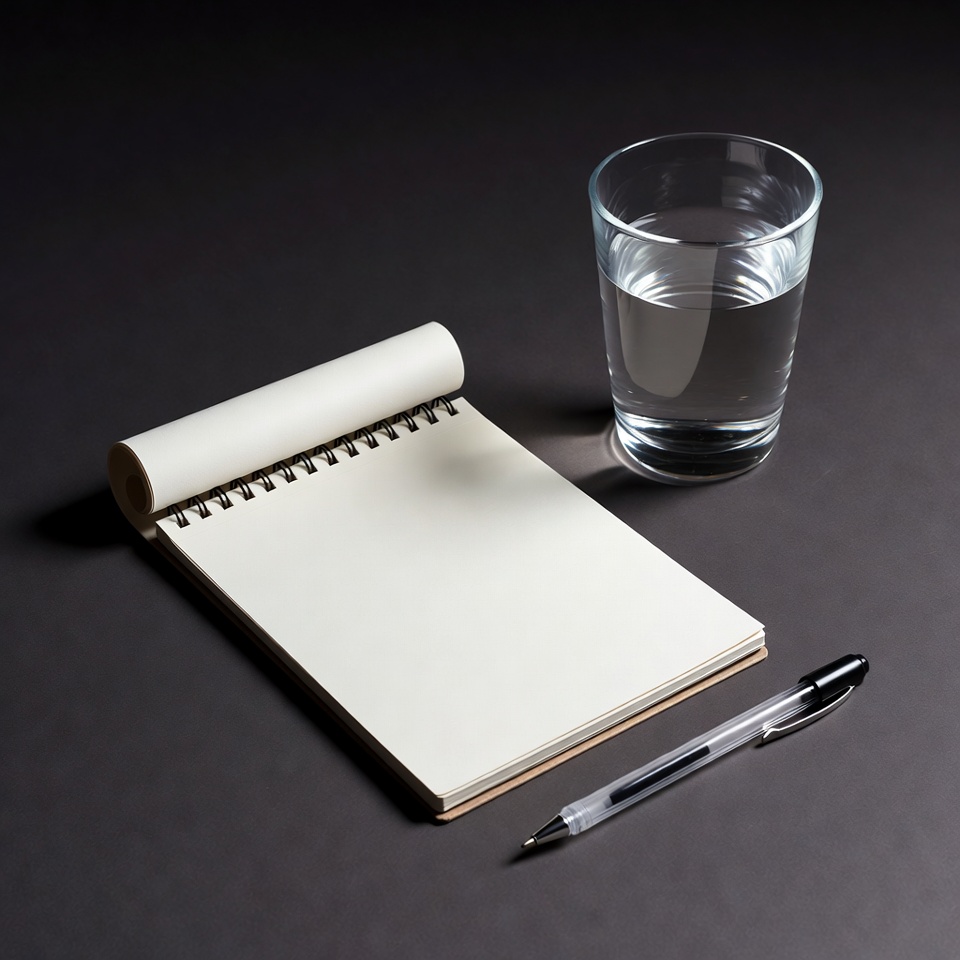 Notepad pen and glass of water - bare minimum toolkit