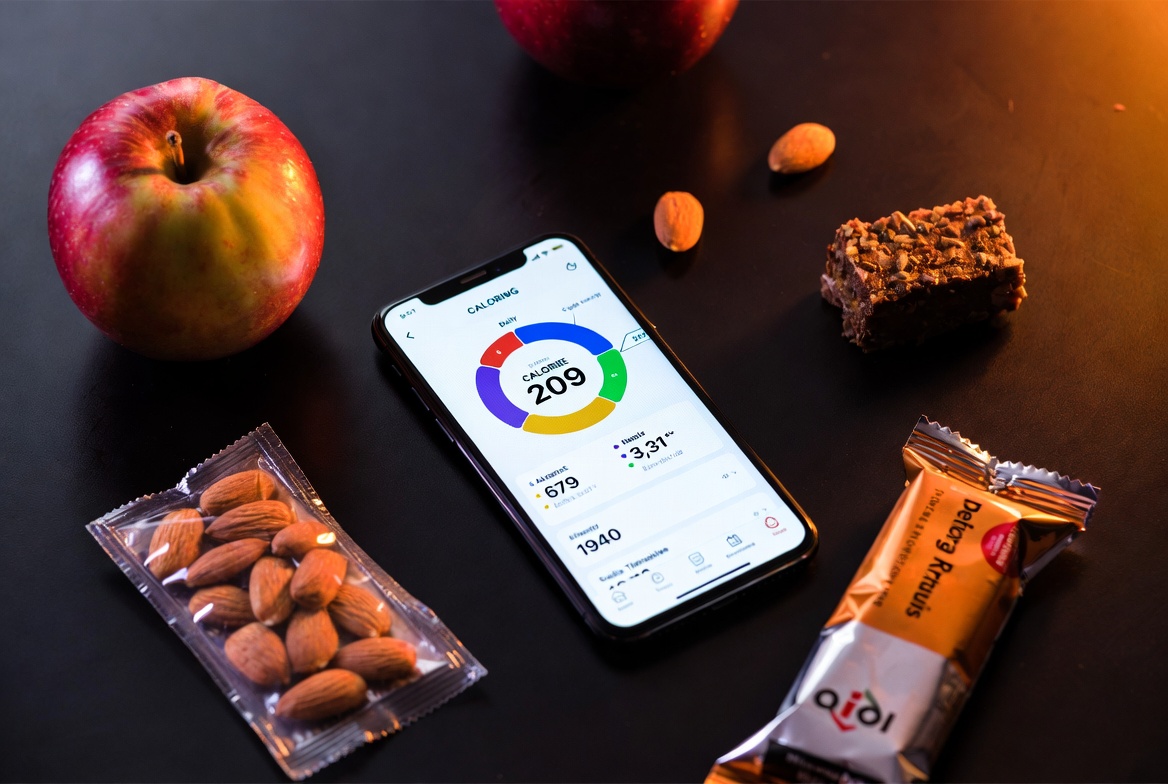 Phone with calorie tracking app surrounded by food to log