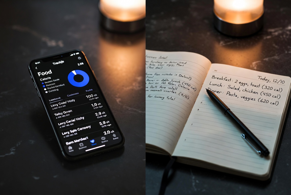 Phone app tracking versus paper food journal side by side