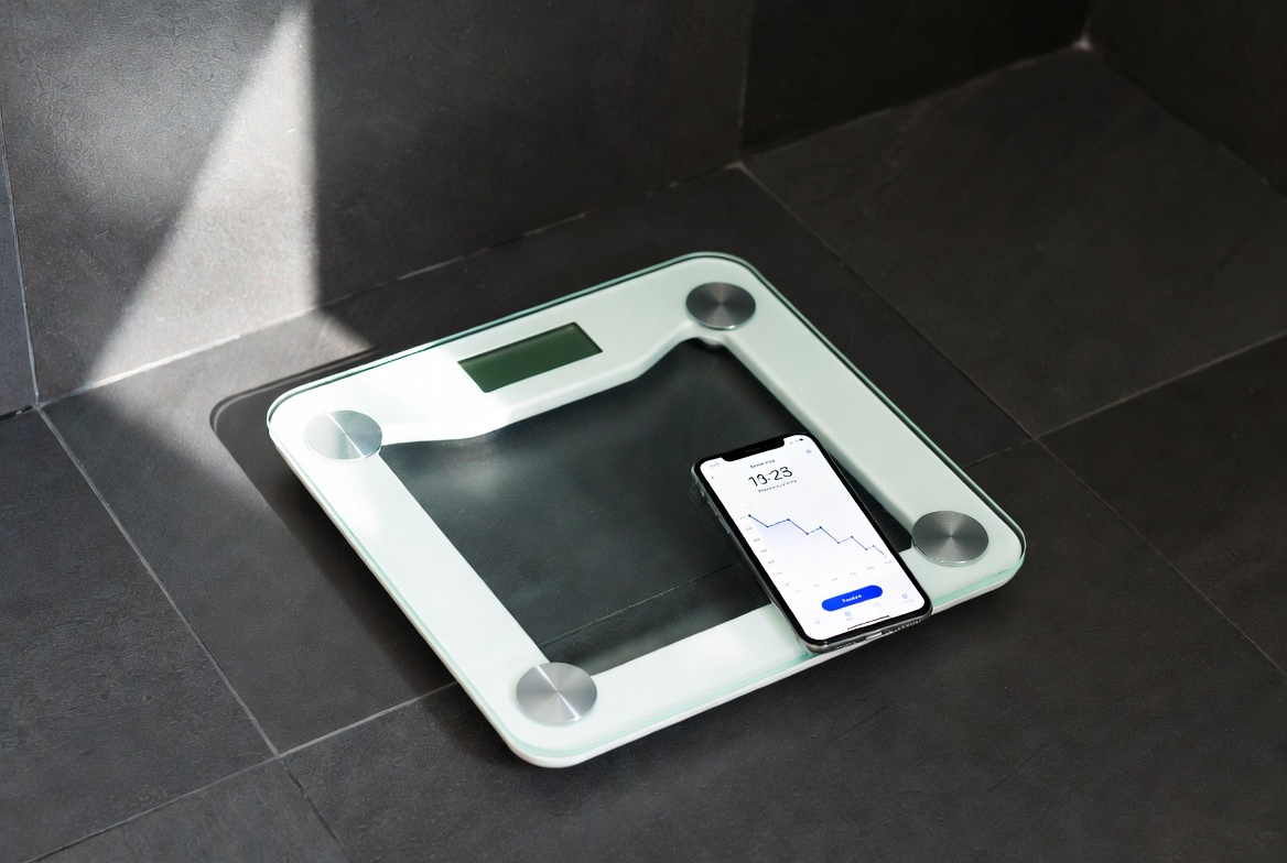 Smart bathroom scale with phone showing weight trend graph