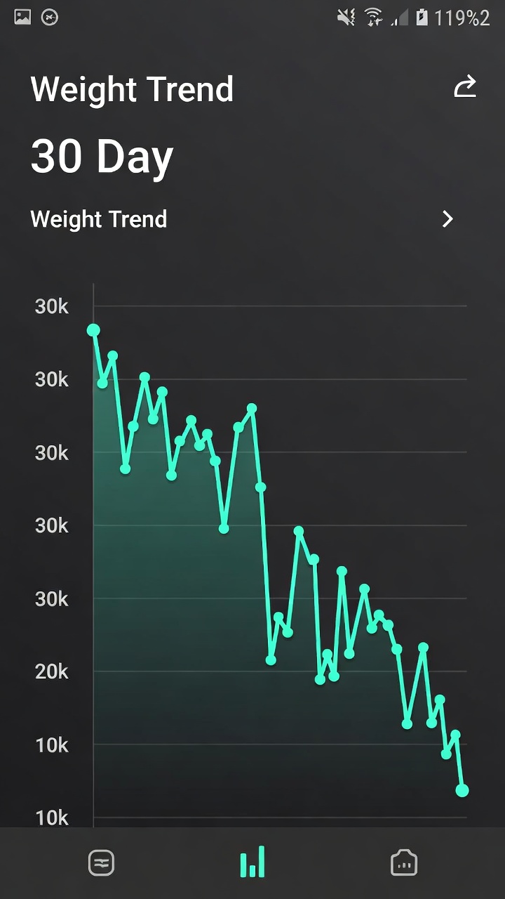 Phone screen showing 30-day weight trend going down
