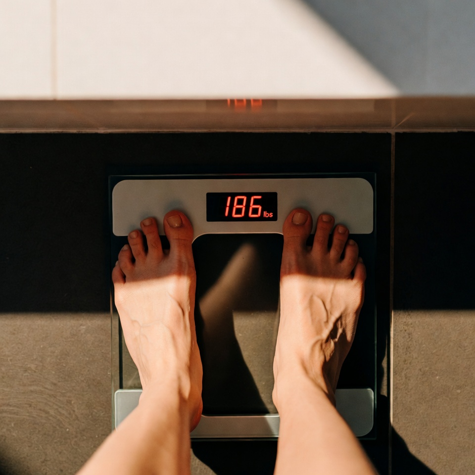 Feet stepping onto sleek bathroom scale from above