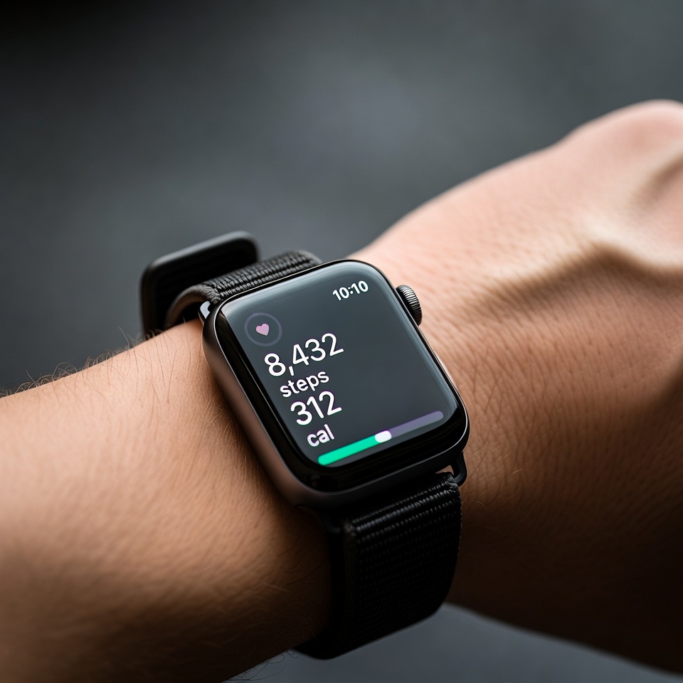 Smart watch close-up showing step count and calories burned